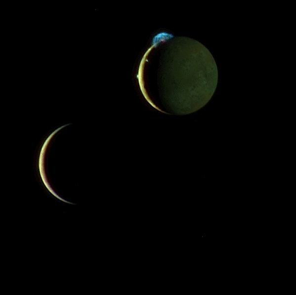 A combination of 2 New Horizons images taken on March 2 2007 of the Jovian moons Io and Europa.
