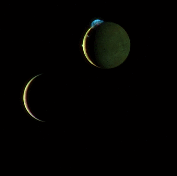A combination of 2 New Horizons images taken on March 2 2007 of the Jovian moons Io and Europa. A combination of 2 New Horizons images taken on March 2 2007 of the Jovian moons Io and Europa.