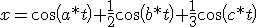 \light x =cos(a*t) + \frac{1}{2}cos(b*t) + \frac{1}{3}cos(c*t) 